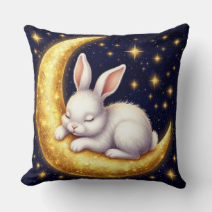Cojín Decorativo Conejo Blanco Durmiendo En Luna Creciente Dorada