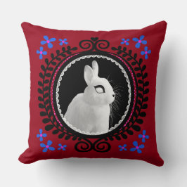Cojín Decorativo Conejo Blanco Extraño: Rojo, Azul, Rosa y Negro