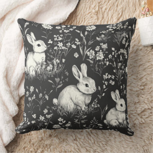 Cojín Decorativo Conejo de Bosque Negro Patrón Botánico