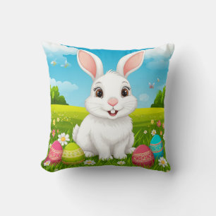 Cojín Decorativo Conejo de Pascua alegre en prado con huevos colori