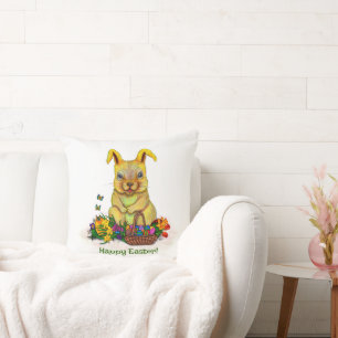 Cojín Decorativo Conejo de Pascua con huevos y flores