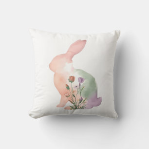 Cojín Decorativo Conejo de Pascua con Silueta Floral de Acuarela Su