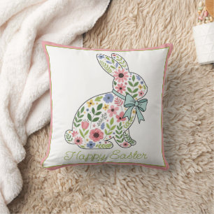 Cojín Decorativo Conejo de Pascua de flores silvestres rosadas y az