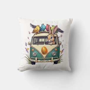 Cojín Decorativo Conejo de Pascua en bus con amigos de aves - Ce de