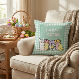 Cojín Decorativo Conejo de Pascua Feliz Huevos de Pollito Gingham V