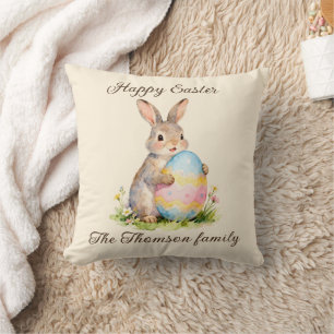 Cojín Decorativo Conejo de Pascua Feliz Vintage con Familia de Huev