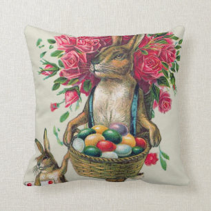 Cojín Decorativo Conejo de Pascua Papá Niño Rosa Canasta Huevo