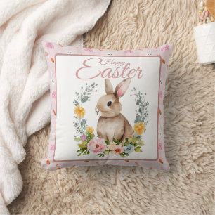 Cojín Decorativo Conejo Floral Corona de Acuarela Pascua