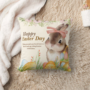 Cojín Decorativo Conejo floral de Pascua feliz día de acuarela con