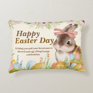 Cojín Decorativo Conejo floral de Pascua feliz día de acuarela con