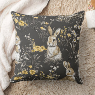 Cojín Decorativo Conejo Floral Toile de Patrón Cottagecore Negro