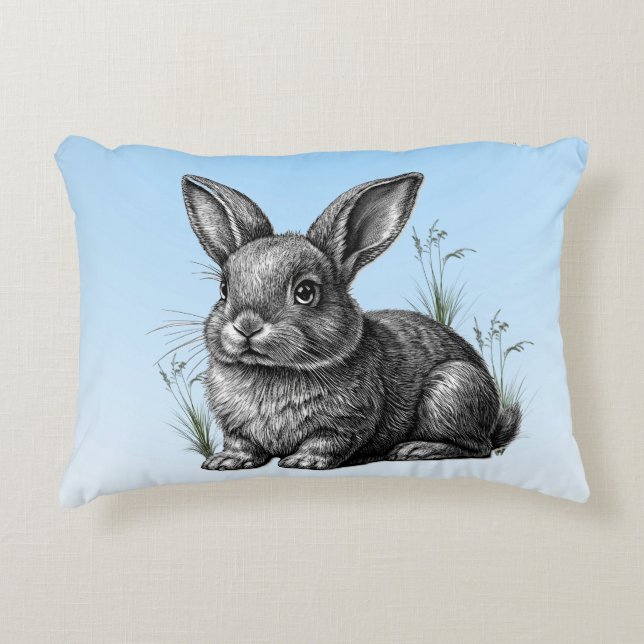 Cojín Decorativo Conejo gris blanco contra cielo azul (Anverso)