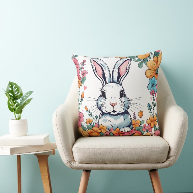 Cojín Decorativo Conejo rodeado de flores (Silla)