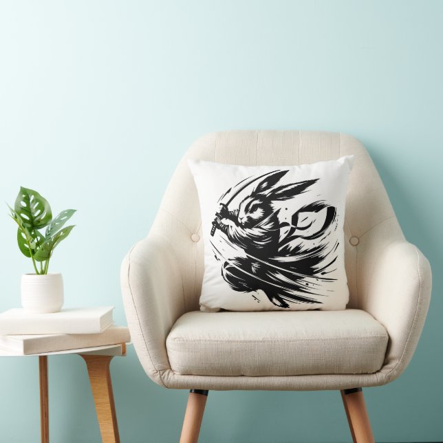 Cojín Decorativo Conejo Samurái Guerrero de Tinta Negra (Silla)