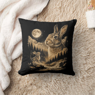 Cojín Decorativo Conejo Vintage Aullando a la Luna Arte Nocturno de