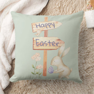 Cojín Decorativo Conejo y huevo de Pascua felices en verde