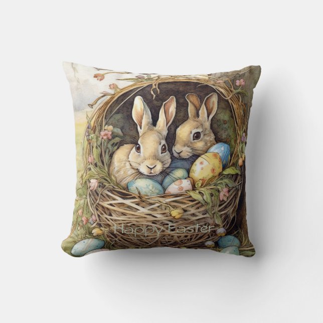 Cojín Decorativo Conejos de Pascua en el bosque (Anverso)