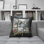 Cojín Decorativo Conservación de escritura de la familia de fotógra<br><div class="desc">Elegante guión moderno de caligrafía escrita a mano por la familia con seis fotos de personalizado de 6 fotos de palo de oro negro foto tirada plantilla de almohada. Tenga en cuenta que el color de fondo puede cambiar. Puede reemplazar el negro por cualquier otro color después de seleccionar la...</div>