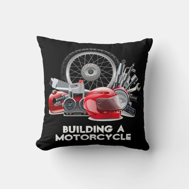 Cojín Decorativo Construir una motocicleta con dibujos de piezas (Anverso)