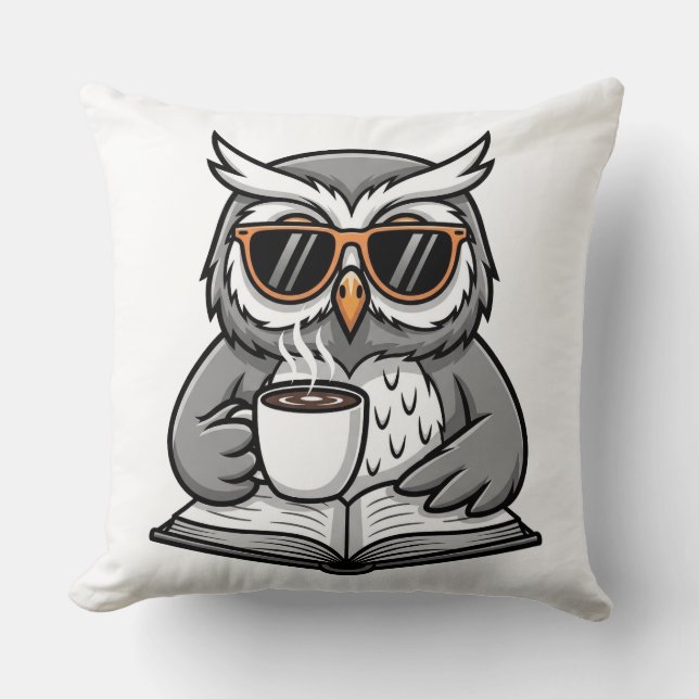 Cojín Decorativo Cool Owl Reading With Coffee (Anverso)