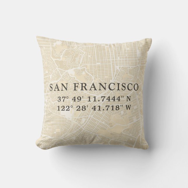Cojín Decorativo Coordenadas del mapa de San Francisco | Tan (Anverso)