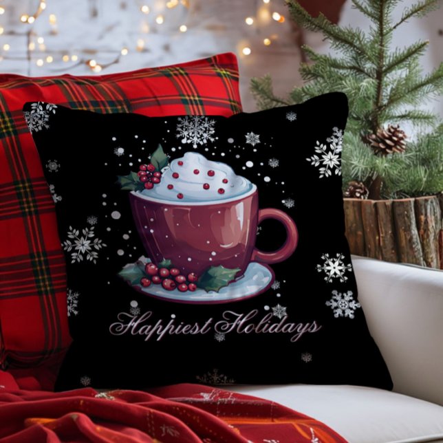 Cojín Decorativo Copa de navidades de chocolate caliente (Black Christmas Cup of Hot Chocolate Throw Pillow)
