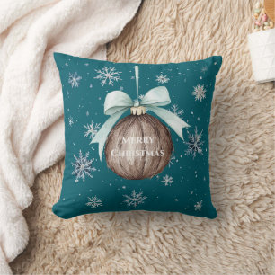 Cojín Decorativo Copo de Navidad Coco Azul Turquesa con Lazo