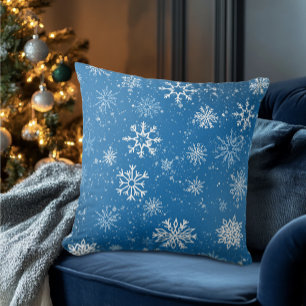 Cojín Decorativo Copo de Nieve Azul Clásico Invierno Blanco