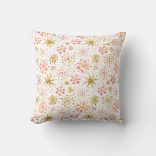 Cojín Decorativo Copo de Nieve de Invierno Rosa y Dorado