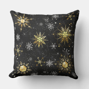 Cojín Decorativo Copo de nieve dorado de Navidad sobre fondo negro