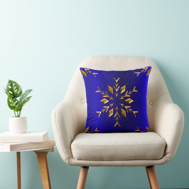 Cojín Decorativo Copo de nieve dorado sobre Navidades azules (Silla)