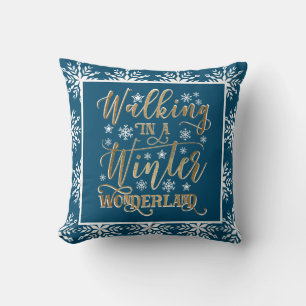 Cojín Decorativo Copos de nieve blancos dorados Navidad azul marino