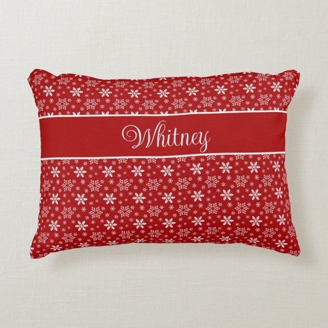 Cojín Decorativo Copos de nieve blancos personalizados en rojo (Anverso)