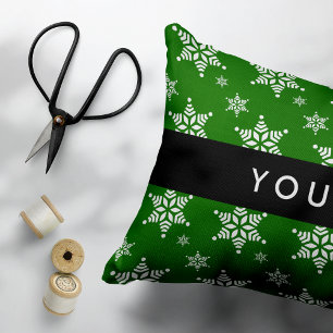 Cojín Decorativo Copos de nieve blancos, verdes, tu nombre, persona