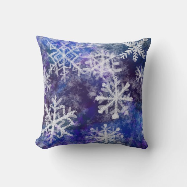 Cojín Decorativo Copos de nieve con fondo azul (Anverso)