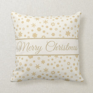 Cojín Decorativo Copos de Nieve de Crema Dorada Feliz Navidad