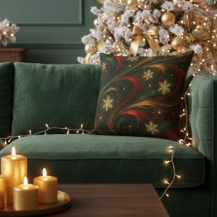 Cojín Decorativo Copos de Nieve Dorados Esmeralda Rojo Dorado Fiest