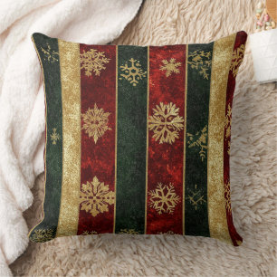Cojín Decorativo Copos de Nieve Dorados Rojo Verde Rayas de Navidad