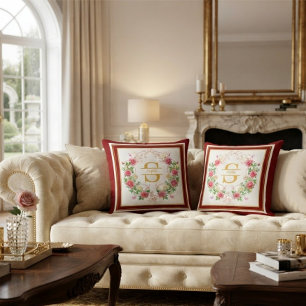 Cojín Decorativo Coqueta Elegante Rosa Rosada Floral Monograma