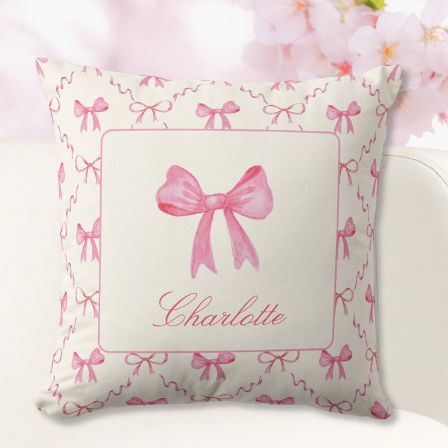 Cojín decorativo Coquette Pink Bow (sweet pretty girly pink coquette bow pillow with custom name in script calligraphy, gift for girl)