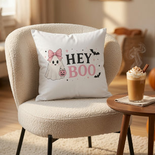 Cojín Decorativo Coquette Rosa Hey Boo Fantasma Halloween