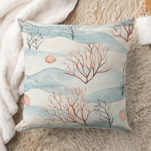 Cojín Decorativo Coral Costero y Conchas en Naranja Oxidado y Azul