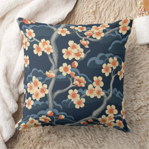 Cojín Decorativo Coral Crema Sakura Azul Marino Patrón Floral
