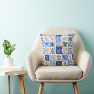 Cojín Decorativo Coral Floral Océano Playa Coral Rubor Azul