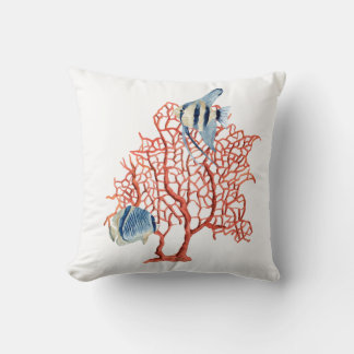 Cojín Decorativo Coral rojo con peces tropicales, acuarela angelífe
