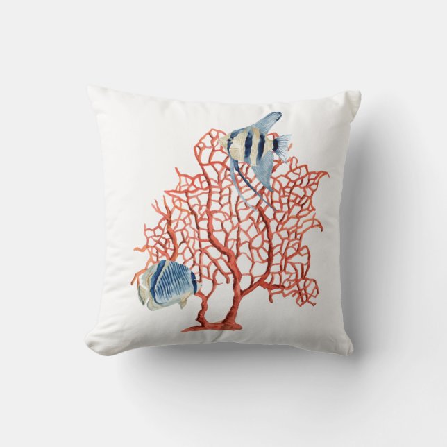 Cojín Decorativo Coral rojo con peces tropicales, acuarela angelífe (Anverso)