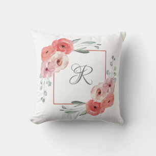 Cojín Decorativo Coral Rosa y Floral Verde Blanco con Monograma