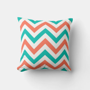 Cojín Decorativo Coral, Turquesa, Blanco Patrón de Chevron ZigZag G