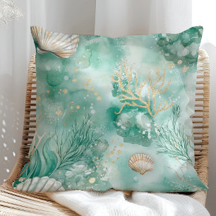 Cojín Decorativo Coral y conchas submarinas en acuarela azul verde
