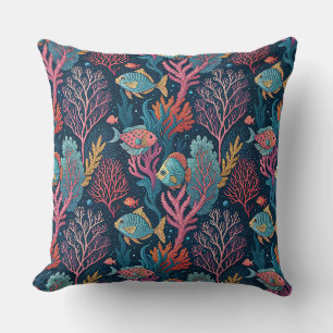 Cojín Decorativo Coral y Peces Submarinos - Patrón Acuático Oceánic